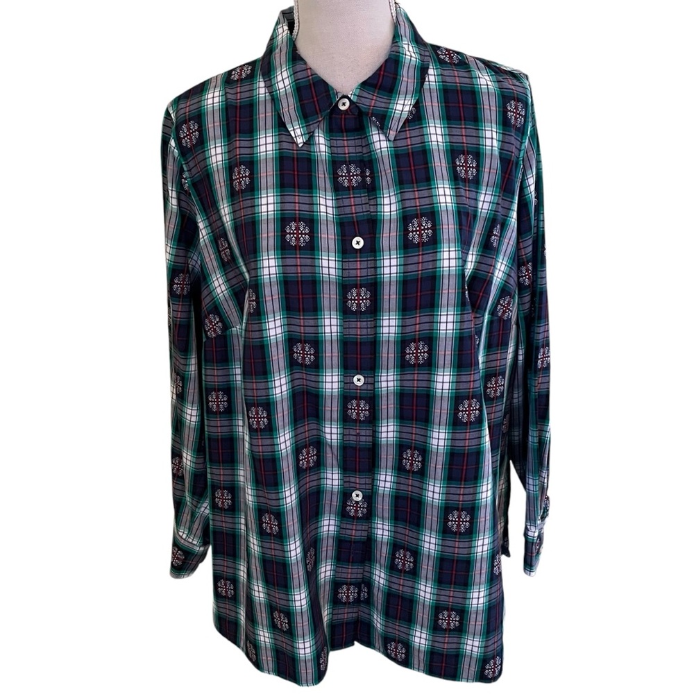Talbots Green/Red/Navy  Plaid with Dobby Snowflake Pattern Button Down Shirt